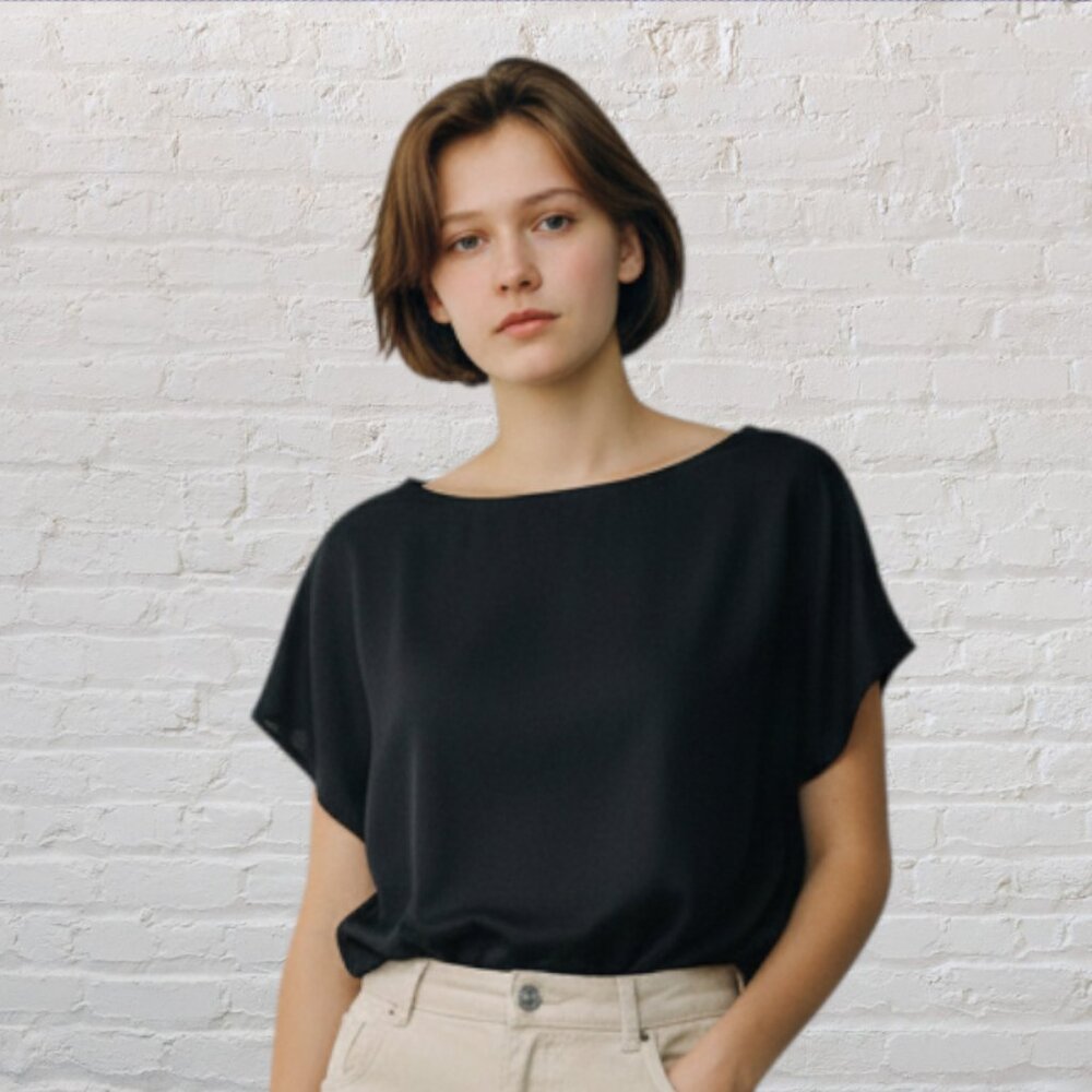 VINTAGE GIANNA -- Black Blouse, Pull Over with Scoop Neck and Cap Sleeves